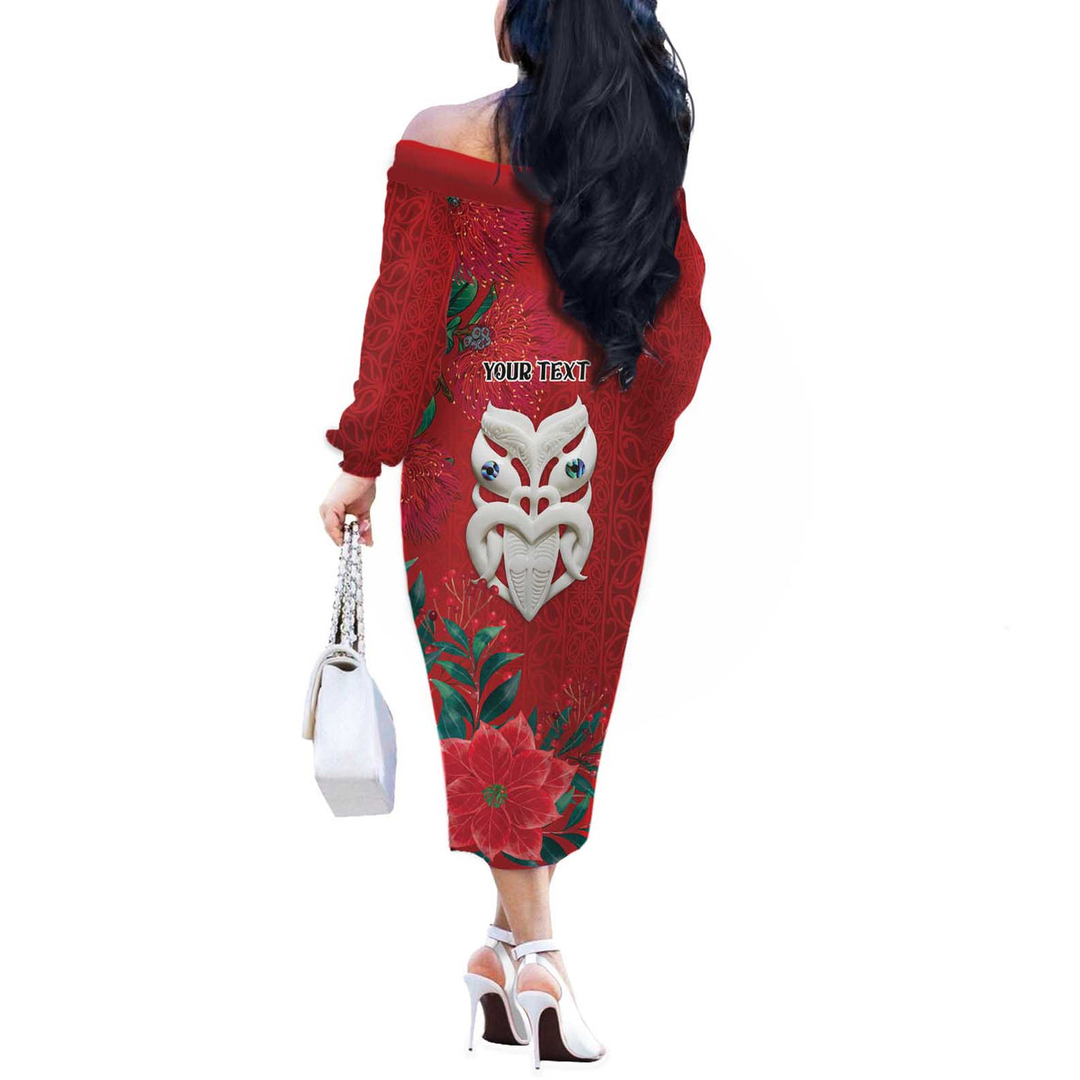 Maori Wheku Meri Kirihimete Personalised Off The Shoulder Long Sleeve Dress All Red Indigenous Maori Motif LT9 - Polynesian Pride