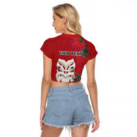 Maori Wheku Meri Kirihimete Personalised Raglan Cropped T Shirt All Red Indigenous Maori Motif LT9 - Polynesian Pride