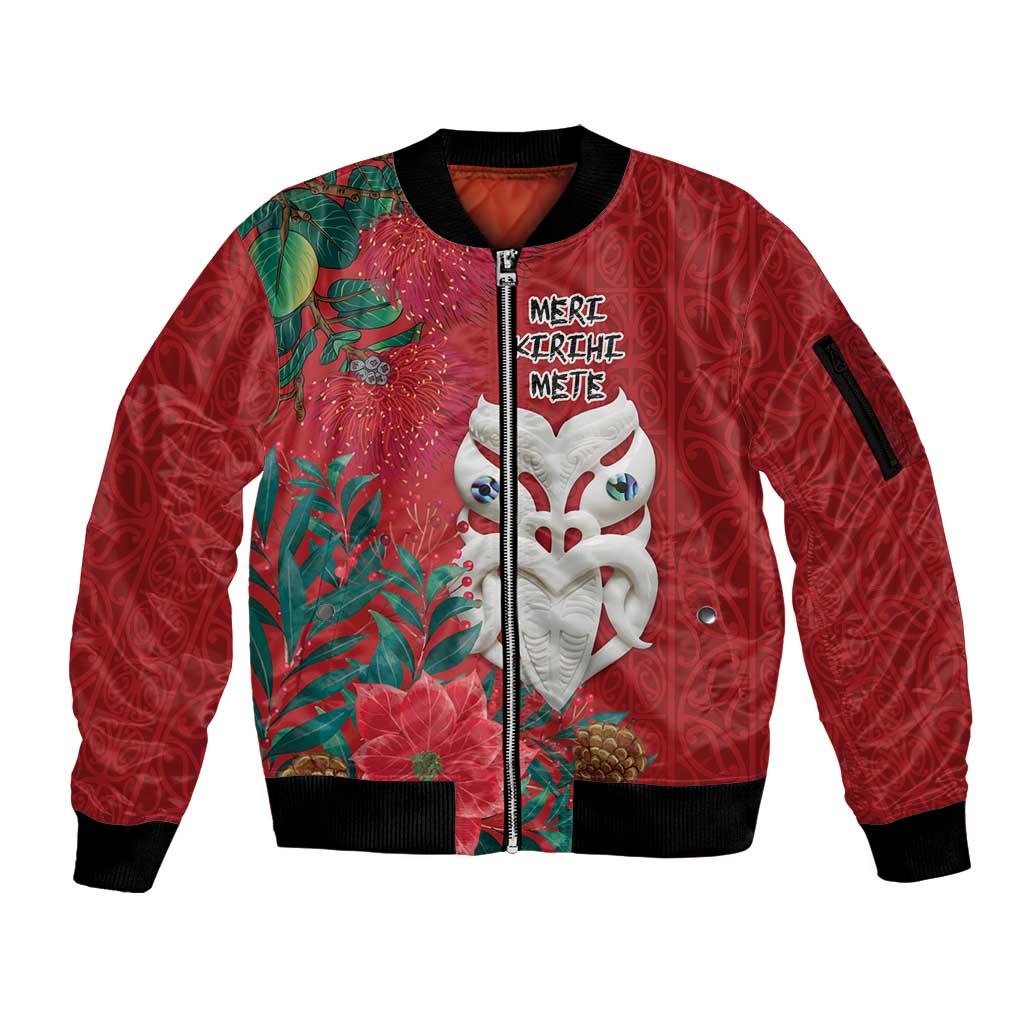 Maori Wheku Meri Kirihimete Personalised Sleeve Zip Bomber Jacket All Red Indigenous Maori Motif LT9 Unisex Red - Polynesian Pride