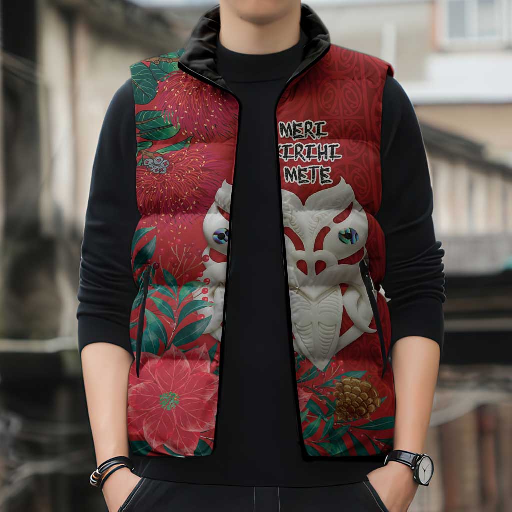 Maori Wheku Meri Kirihimete Personalised Sleeveless Puffer Jacket All Red Indigenous Maori Motif - Polynesian Pride