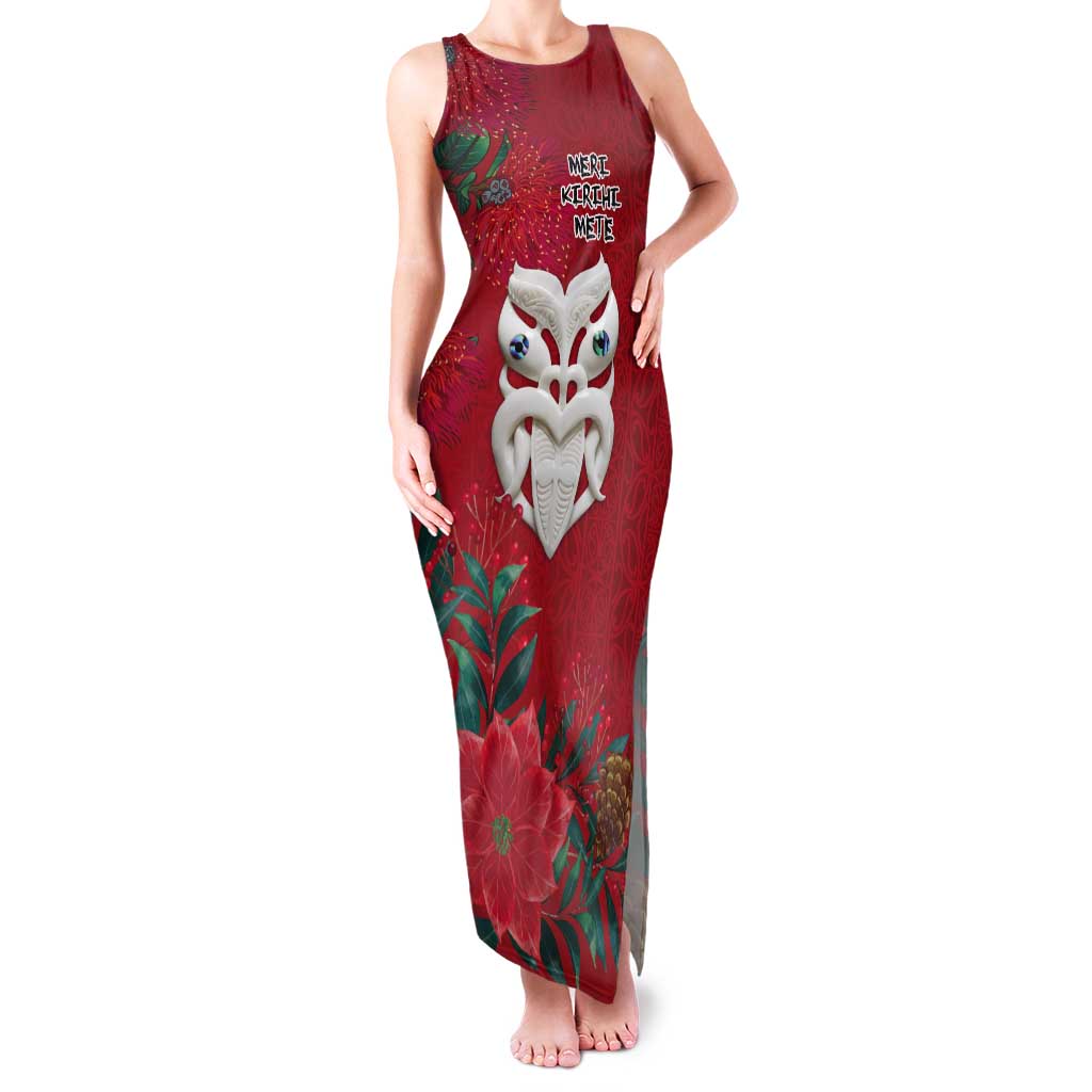 Maori Wheku Meri Kirihimete Personalised Tank Maxi Dress All Red Indigenous Maori Motif LT9 Women Red - Polynesian Pride
