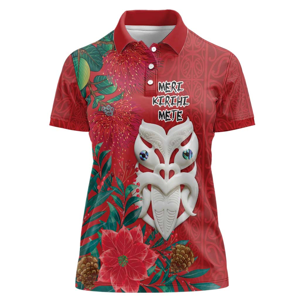 Maori Wheku Meri Kirihimete Personalised Women Polo Shirt All Red Indigenous Maori Motif - Polynesian Pride
