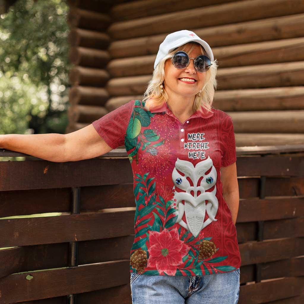 Maori Wheku Meri Kirihimete Personalised Women Polo Shirt All Red Indigenous Maori Motif - Polynesian Pride