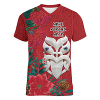 Maori Wheku Meri Kirihimete Personalised Women V-Neck T-Shirt All Red Indigenous Maori Motif LT9 Female Red - Polynesian Pride
