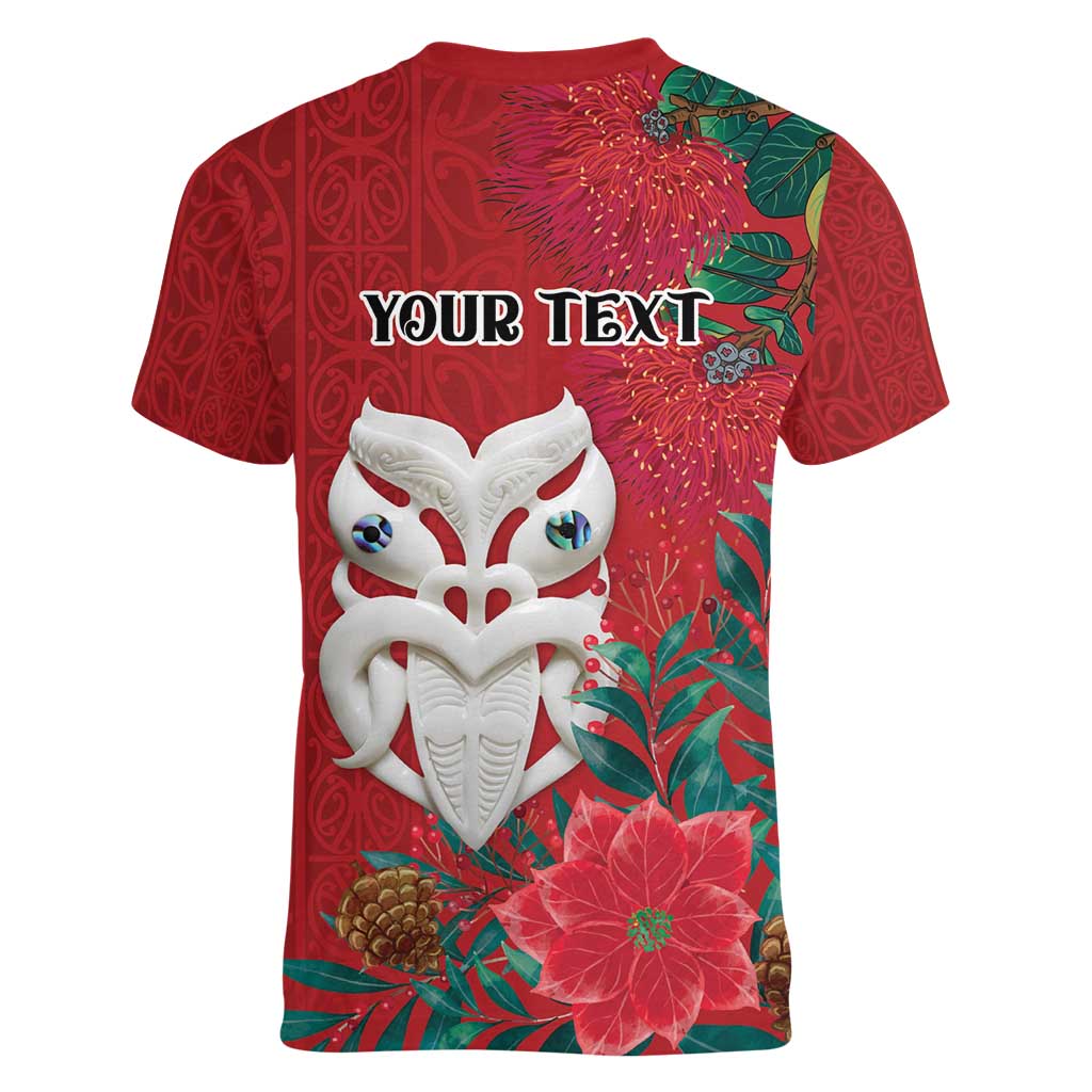 Maori Wheku Meri Kirihimete Personalised Women V-Neck T-Shirt All Red Indigenous Maori Motif LT9 - Polynesian Pride
