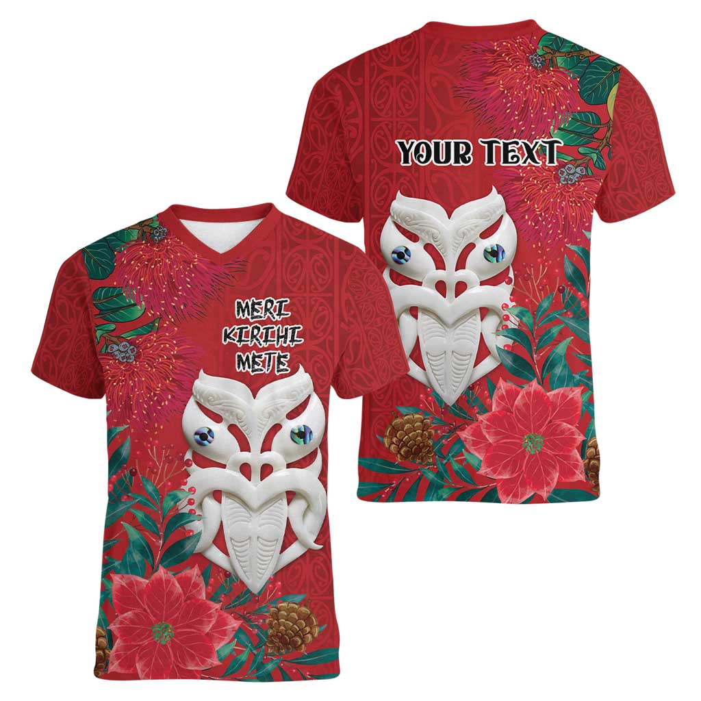 Maori Wheku Meri Kirihimete Personalised Women V-Neck T-Shirt All Red Indigenous Maori Motif LT9 - Polynesian Pride
