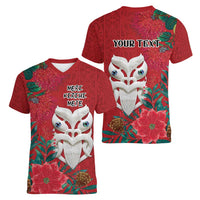 Maori Wheku Meri Kirihimete Personalised Women V-Neck T-Shirt All Red Indigenous Maori Motif LT9 - Polynesian Pride