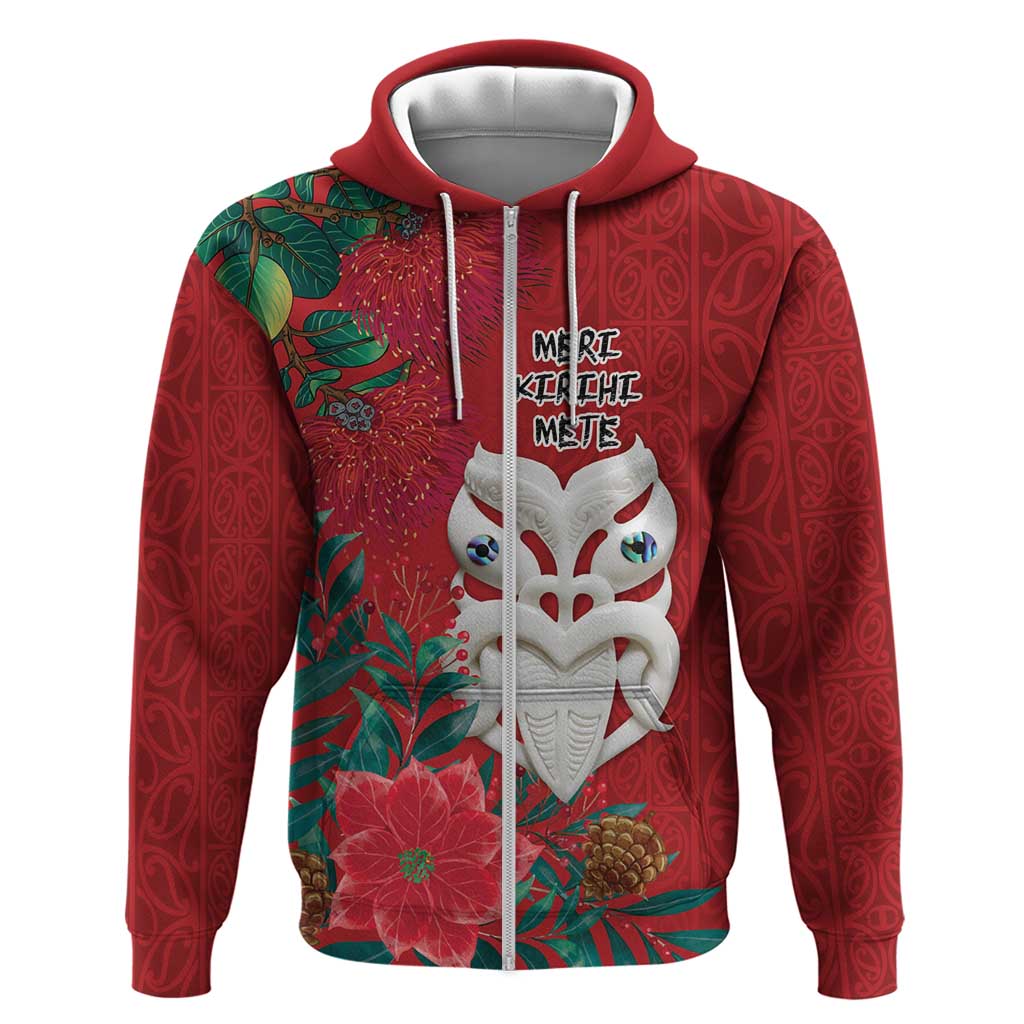 Maori Wheku Meri Kirihimete Personalised Zip Hoodie All Red Indigenous Maori Motif LT9 Zip Hoodie Red - Polynesian Pride