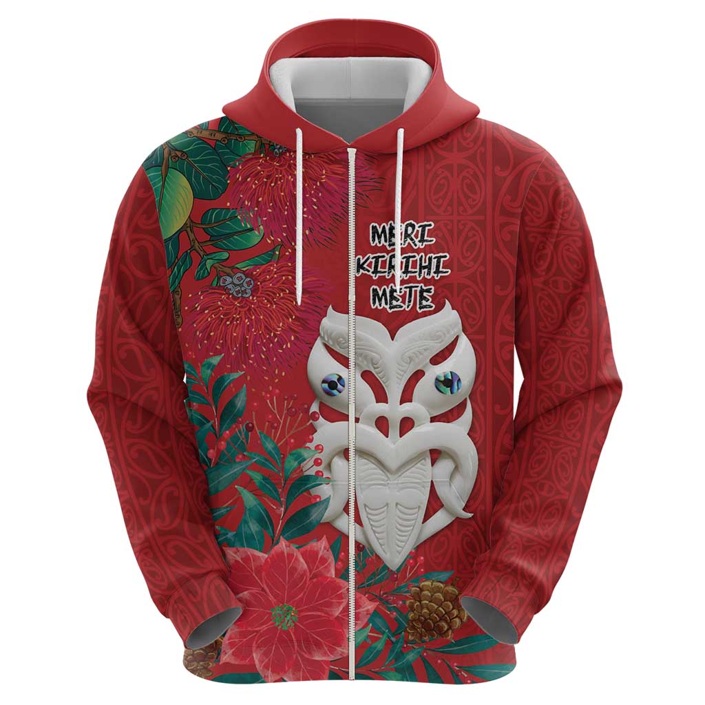 Maori Wheku Meri Kirihimete Personalised Zip Hoodie All Red Indigenous Maori Motif LT9 - Polynesian Pride
