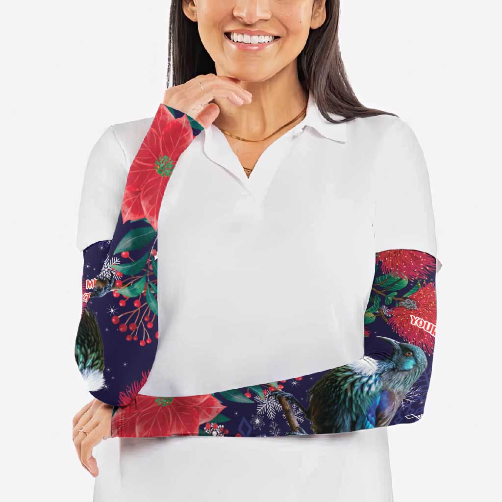 Tui Meri Kirihimete Personalised Arm Sleeves Pohutukawa Flowers Blue Motif - Polynesian Pride
