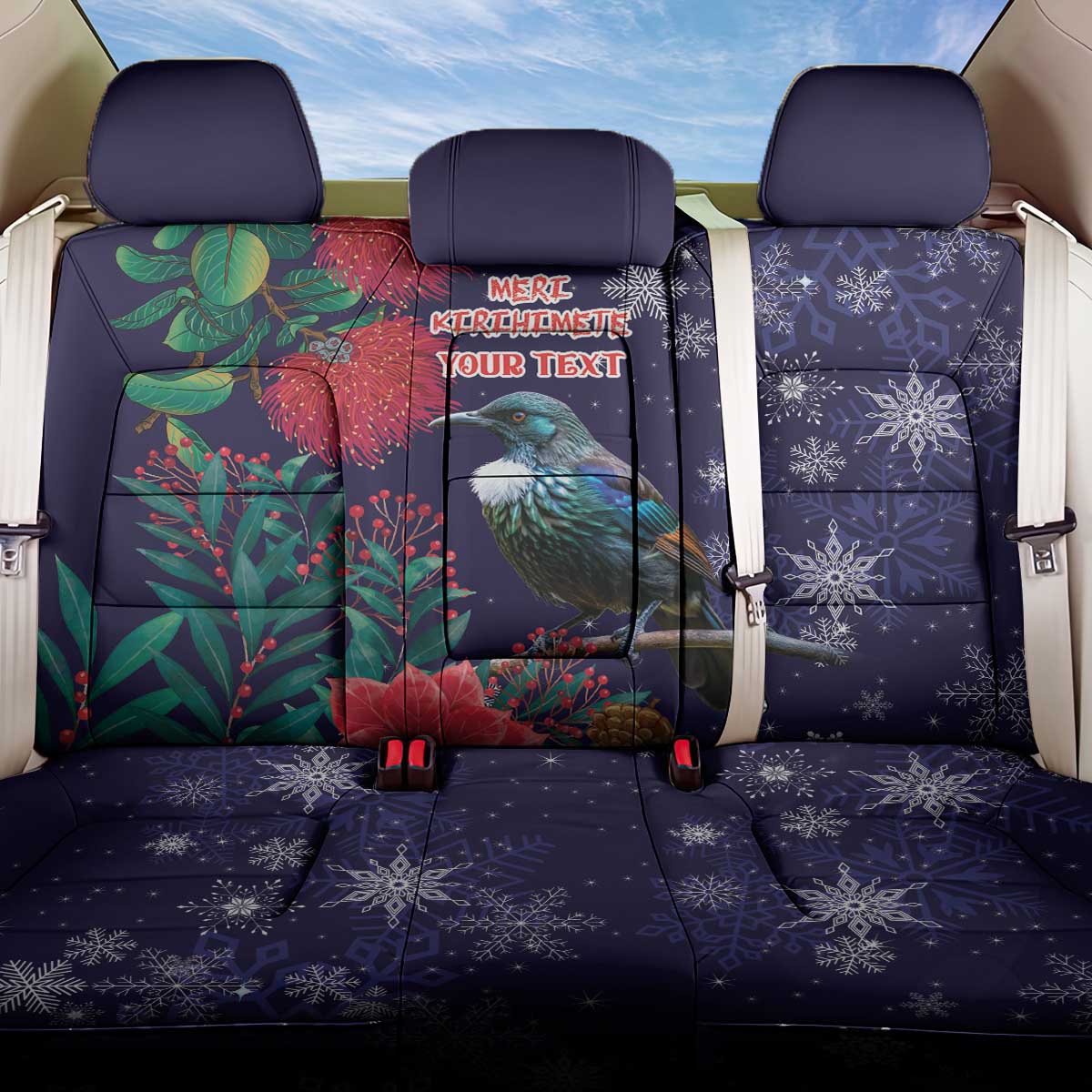 Tui Meri Kirihimete Personalised Back Car Seat Cover Pohutukawa Flowers Blue Motif LT9 One Size Blue - Polynesian Pride