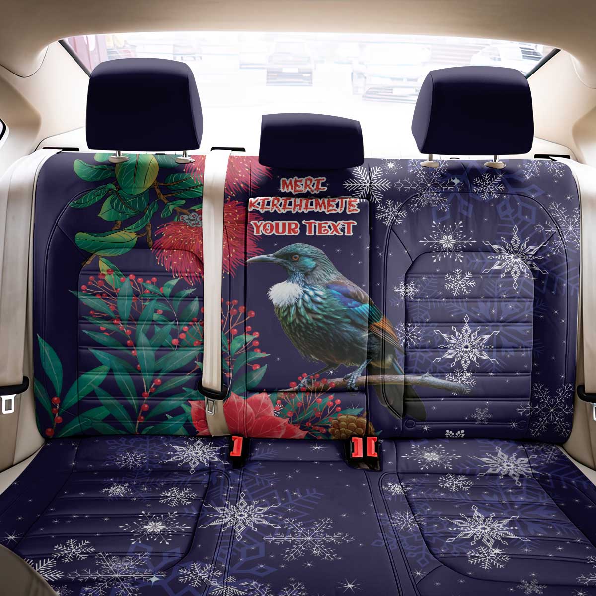 Tui Meri Kirihimete Personalised Back Car Seat Cover Pohutukawa Flowers Blue Motif LT9 - Polynesian Pride
