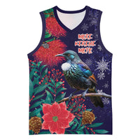 Tui Meri Kirihimete Personalised Basketball Jersey Pohutukawa Flowers Blue Motif LT9 Unisex Blue - Polynesian Pride