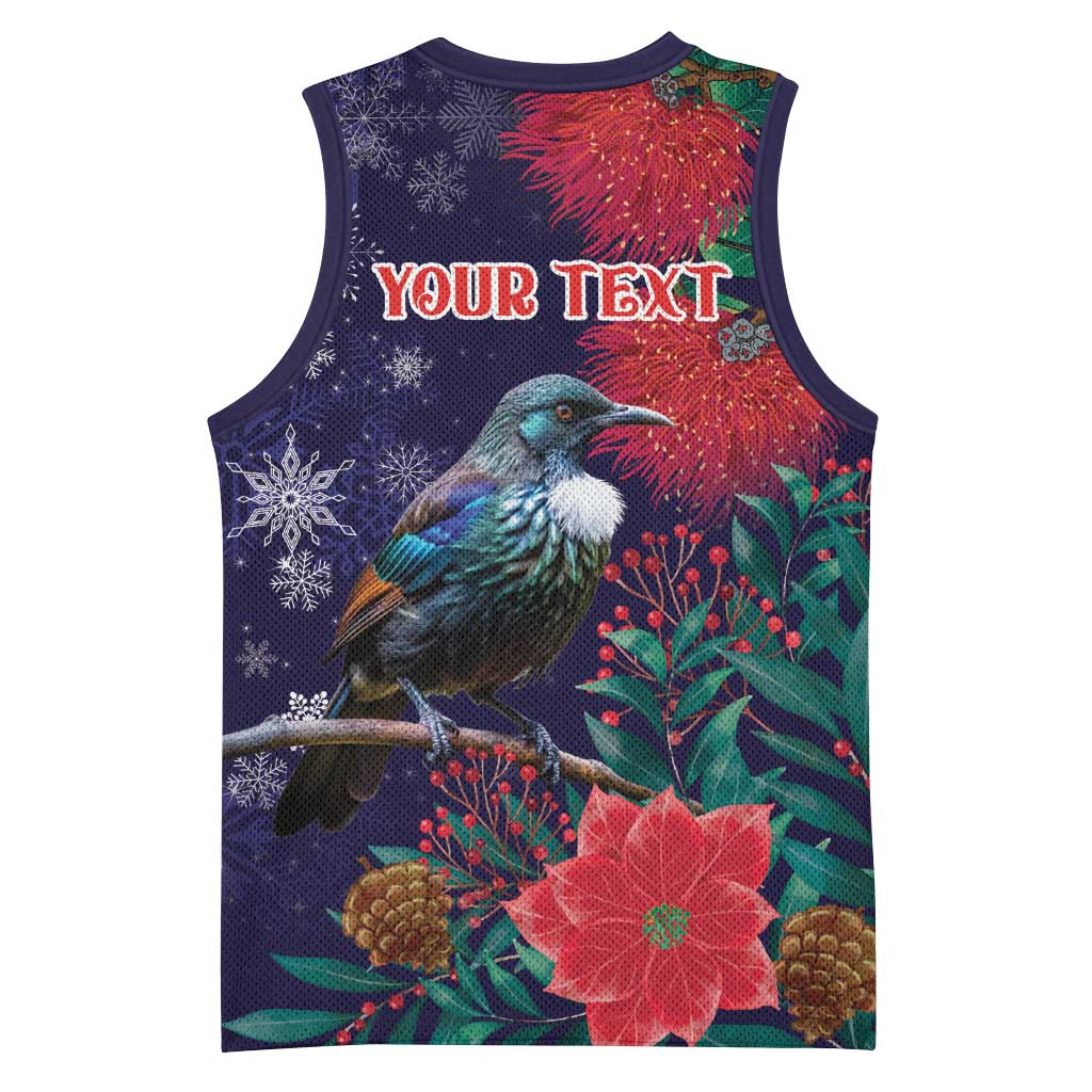 Tui Meri Kirihimete Personalised Basketball Jersey Pohutukawa Flowers Blue Motif LT9 - Polynesian Pride