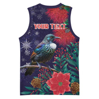 Tui Meri Kirihimete Personalised Basketball Jersey Pohutukawa Flowers Blue Motif LT9 - Polynesian Pride