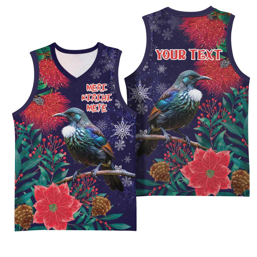 Tui Meri Kirihimete Personalised Basketball Jersey Pohutukawa Flowers Blue Motif LT9 - Polynesian Pride