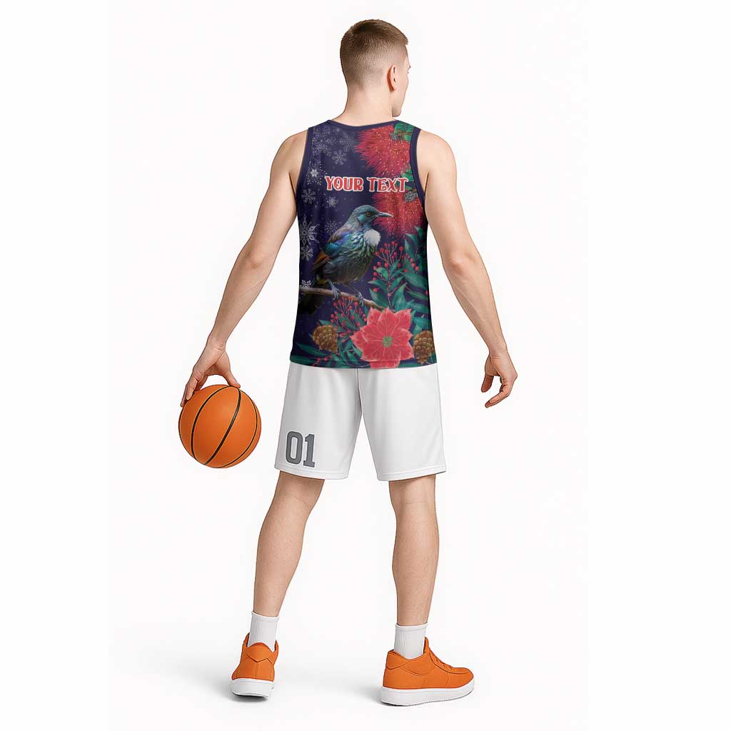 Tui Meri Kirihimete Personalised Basketball Jersey Pohutukawa Flowers Blue Motif LT9 - Polynesian Pride