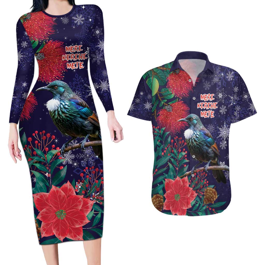 Tui Meri Kirihimete Personalised Couples Matching Long Sleeve Bodycon Dress and Hawaiian Shirt Pohutukawa Flowers Blue Motif LT9 Blue - Polynesian Pride