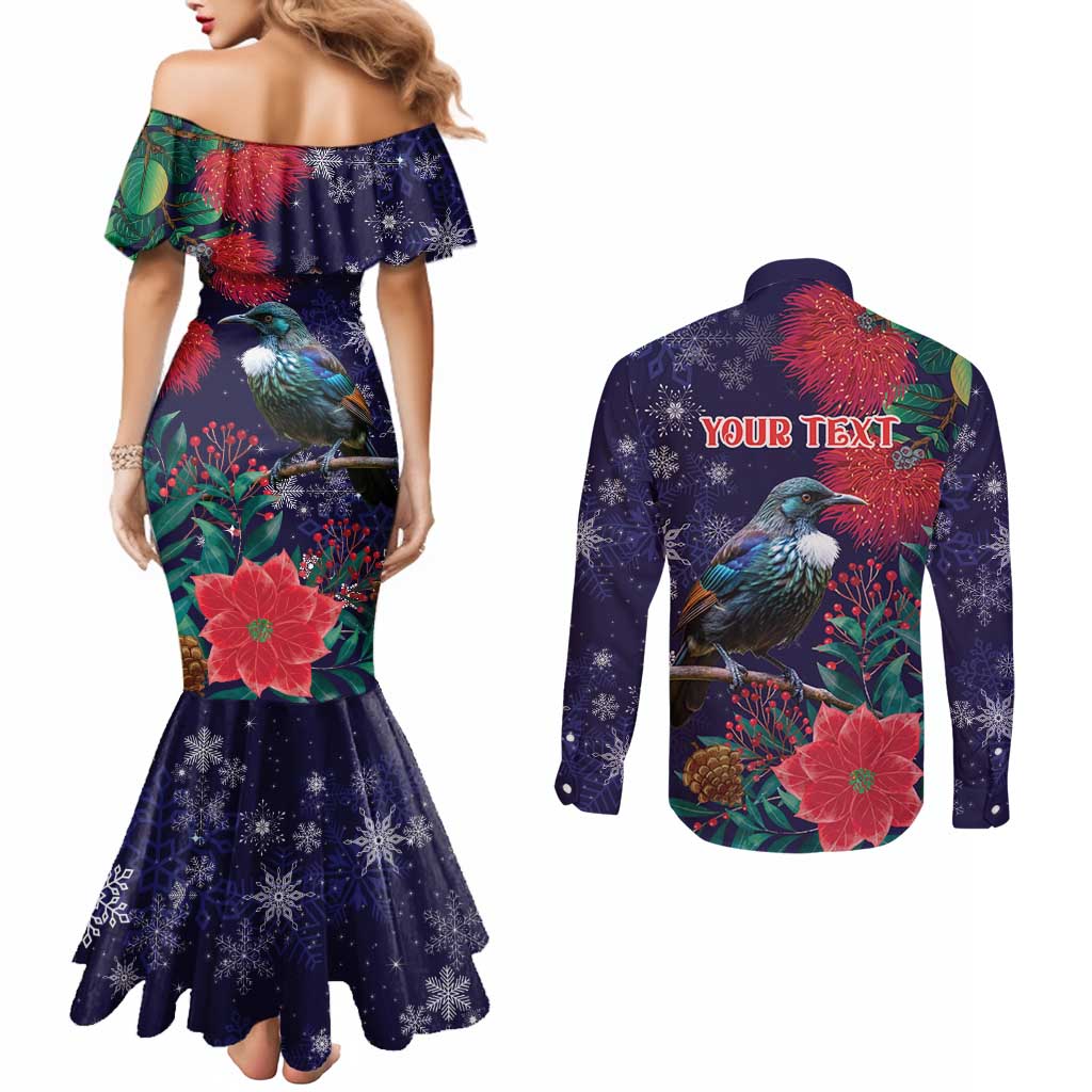 Tui Meri Kirihimete Personalised Couples Matching Mermaid Dress and Long Sleeve Button Shirt Pohutukawa Flowers Blue Motif LT9 - Polynesian Pride