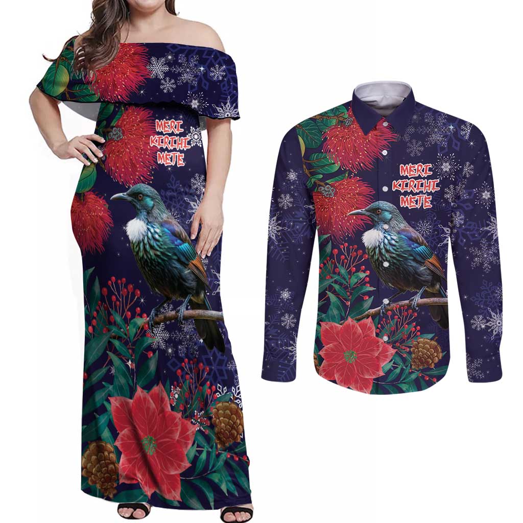 Tui Meri Kirihimete Personalised Couples Matching Off Shoulder Maxi Dress and Long Sleeve Button Shirt Pohutukawa Flowers Blue Motif LT9 Blue - Polynesian Pride