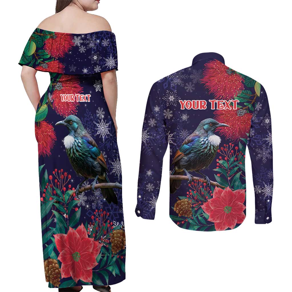 Tui Meri Kirihimete Personalised Couples Matching Off Shoulder Maxi Dress and Long Sleeve Button Shirt Pohutukawa Flowers Blue Motif LT9 - Polynesian Pride