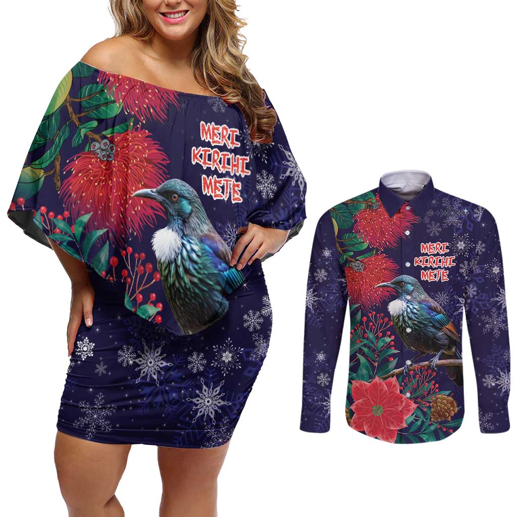 Tui Meri Kirihimete Personalised Couples Matching Off Shoulder Short Dress and Long Sleeve Button Shirt Pohutukawa Flowers Blue Motif LT9 Blue - Polynesian Pride