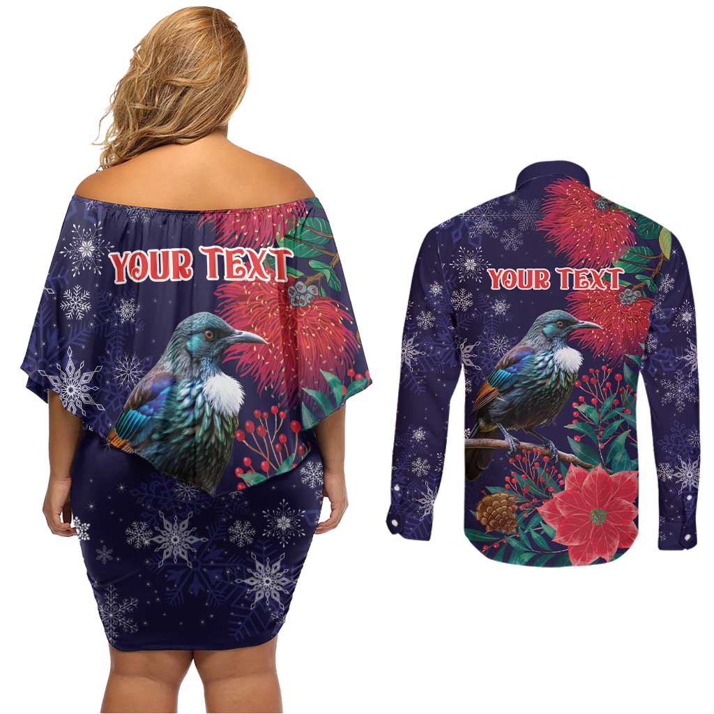 Tui Meri Kirihimete Personalised Couples Matching Off Shoulder Short Dress and Long Sleeve Button Shirt Pohutukawa Flowers Blue Motif LT9 - Polynesian Pride