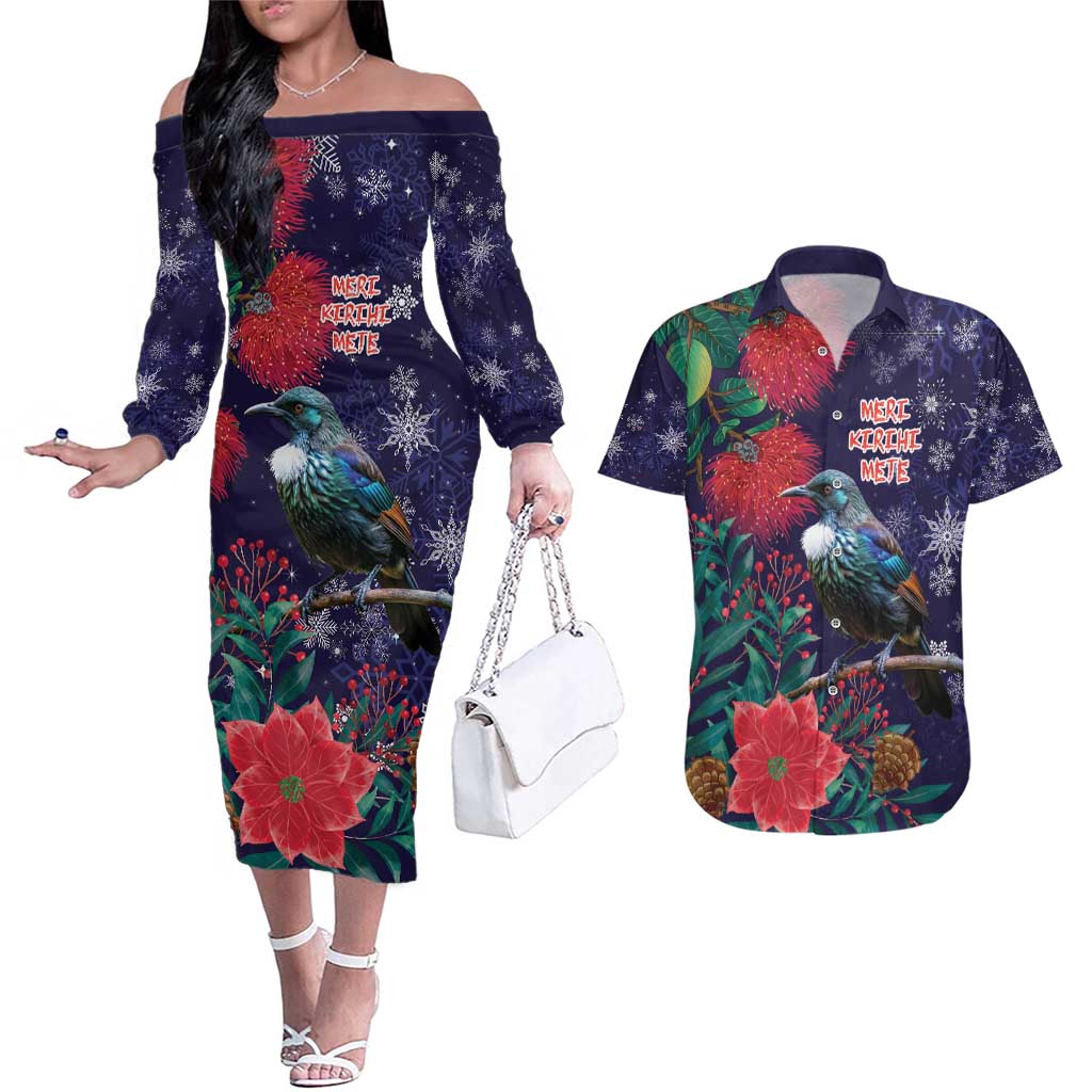 Tui Meri Kirihimete Personalised Couples Matching Off The Shoulder Long Sleeve Dress and Hawaiian Shirt Pohutukawa Flowers Blue Motif LT9 Blue - Polynesian Pride