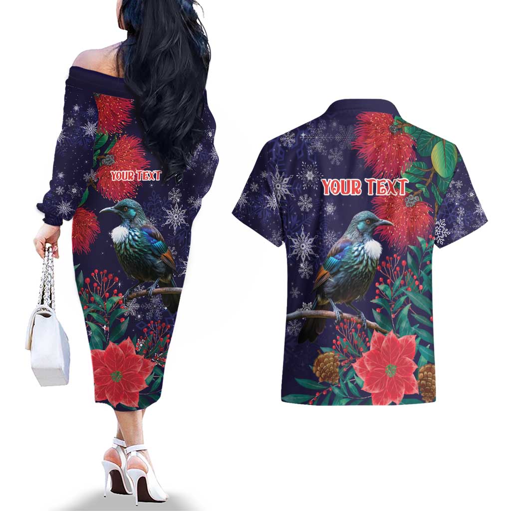 Tui Meri Kirihimete Personalised Couples Matching Off The Shoulder Long Sleeve Dress and Hawaiian Shirt Pohutukawa Flowers Blue Motif LT9 - Polynesian Pride
