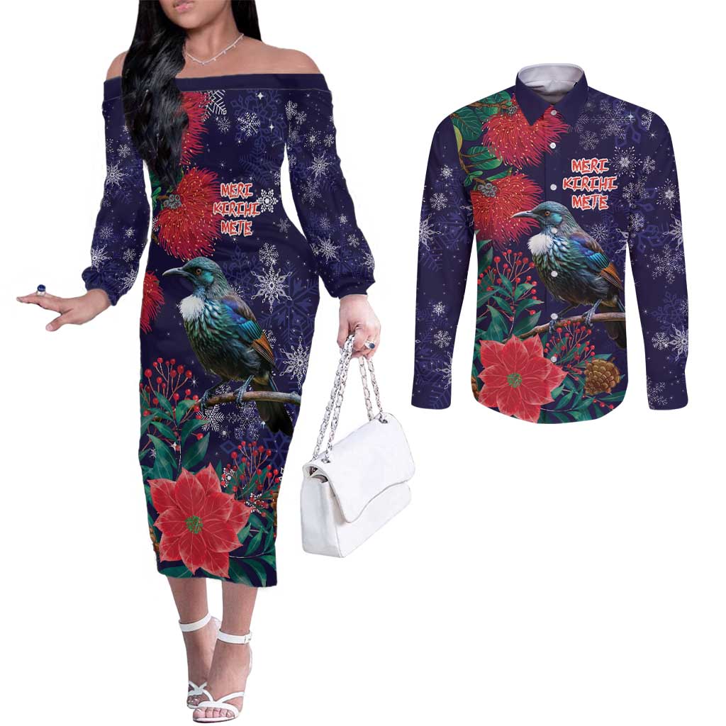 Tui Meri Kirihimete Personalised Couples Matching Off The Shoulder Long Sleeve Dress and Long Sleeve Button Shirt Pohutukawa Flowers Blue Motif LT9 Blue - Polynesian Pride
