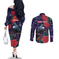 Tui Meri Kirihimete Personalised Couples Matching Off The Shoulder Long Sleeve Dress and Long Sleeve Button Shirt Pohutukawa Flowers Blue Motif LT9 - Polynesian Pride