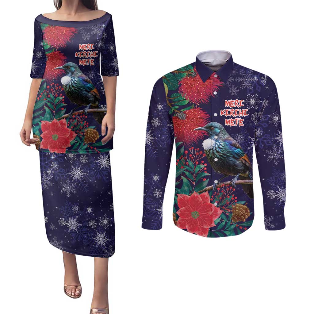 Tui Meri Kirihimete Personalised Couples Matching Puletasi and Long Sleeve Button Shirt Pohutukawa Flowers Blue Motif LT9 Blue - Polynesian Pride