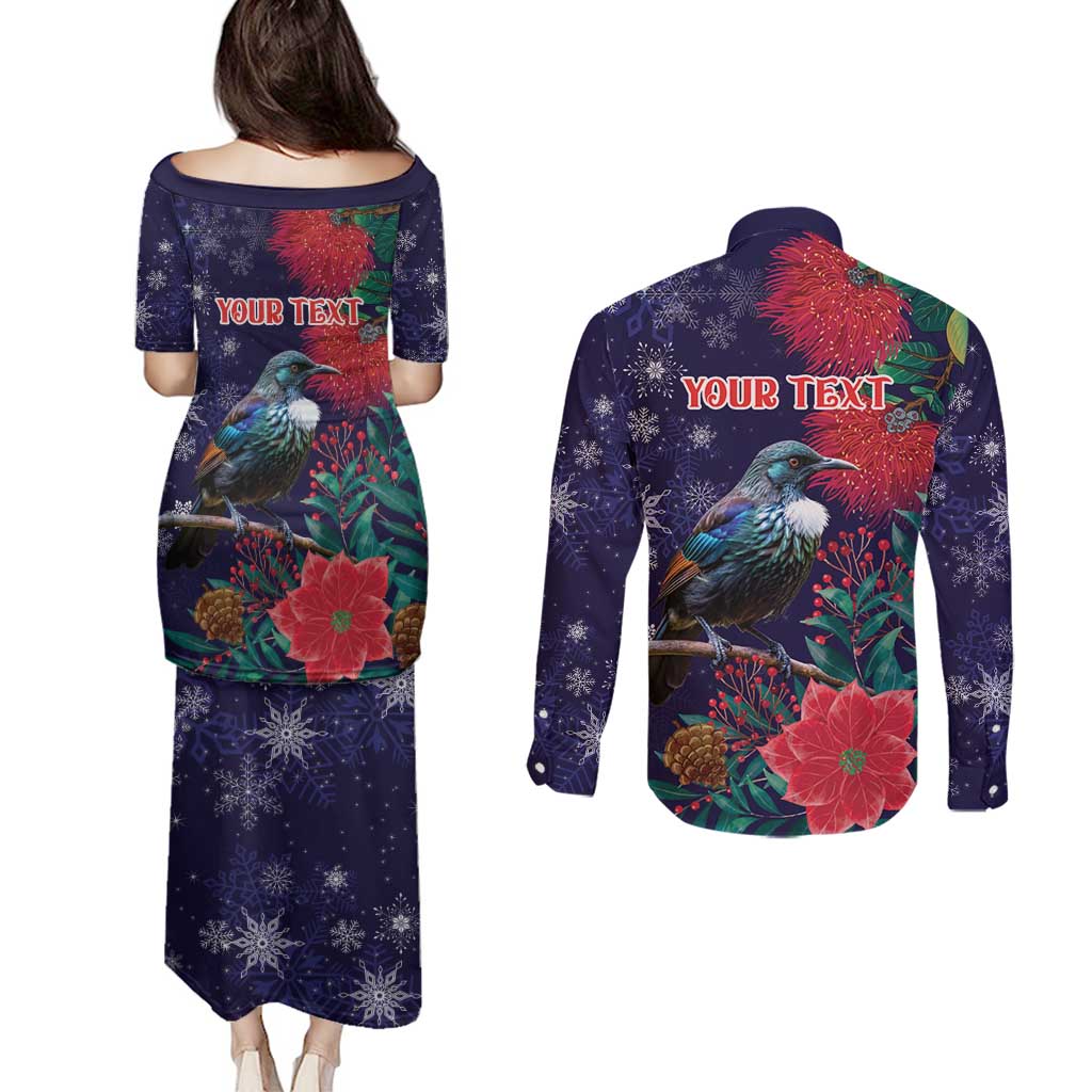 Tui Meri Kirihimete Personalised Couples Matching Puletasi and Long Sleeve Button Shirt Pohutukawa Flowers Blue Motif LT9 - Polynesian Pride