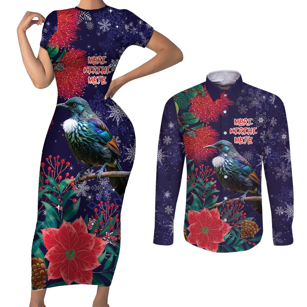 Tui Meri Kirihimete Personalised Couples Matching Short Sleeve Bodycon Dress and Long Sleeve Button Shirt Pohutukawa Flowers Blue Motif LT9 Blue - Polynesian Pride