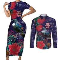 Tui Meri Kirihimete Personalised Couples Matching Short Sleeve Bodycon Dress and Long Sleeve Button Shirt Pohutukawa Flowers Blue Motif LT9 Blue - Polynesian Pride