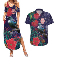 Tui Meri Kirihimete Personalised Couples Matching Summer Maxi Dress and Hawaiian Shirt Pohutukawa Flowers Blue Motif LT9 Blue - Polynesian Pride