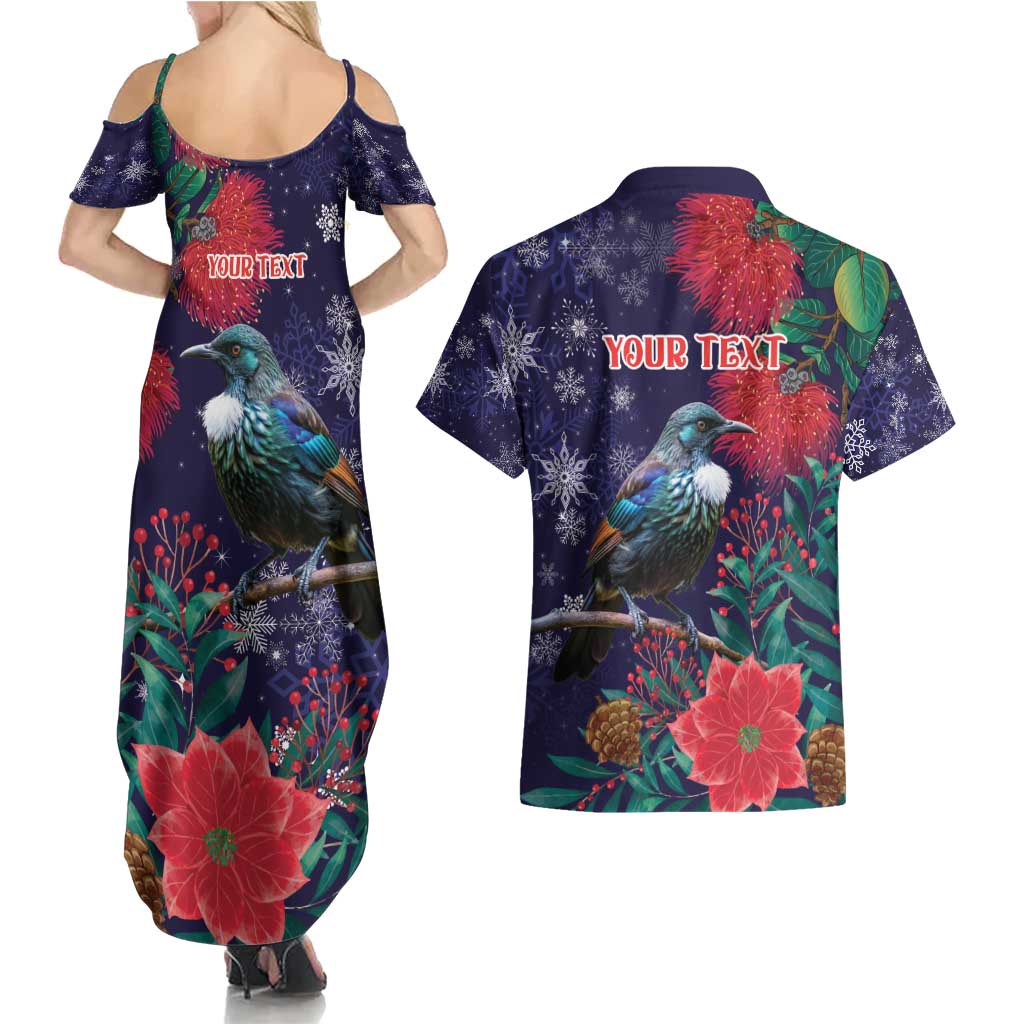 Tui Meri Kirihimete Personalised Couples Matching Summer Maxi Dress and Hawaiian Shirt Pohutukawa Flowers Blue Motif LT9 - Polynesian Pride