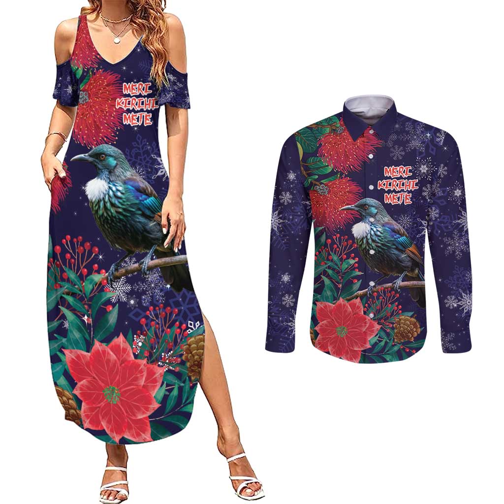 Tui Meri Kirihimete Personalised Couples Matching Summer Maxi Dress and Long Sleeve Button Shirt Pohutukawa Flowers Blue Motif LT9 Blue - Polynesian Pride