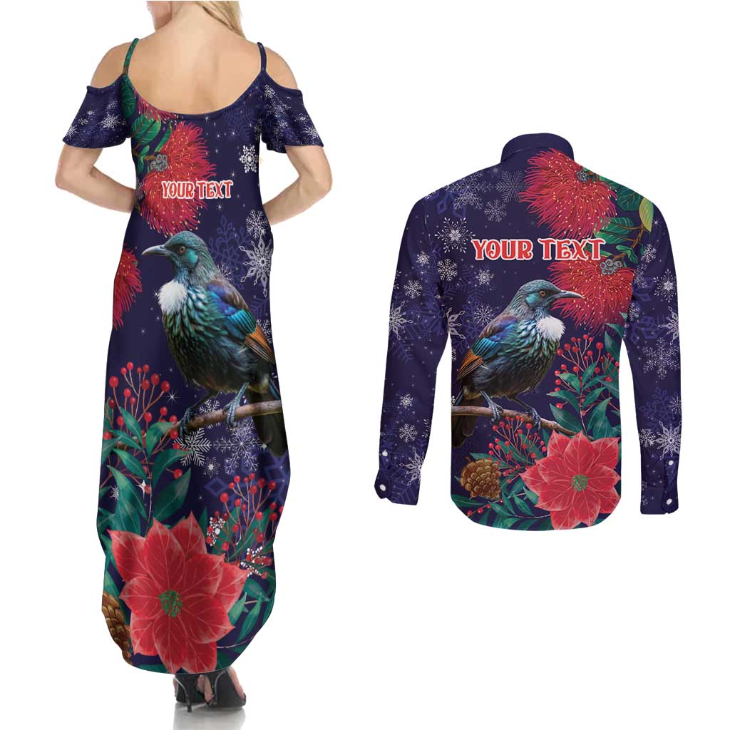 Tui Meri Kirihimete Personalised Couples Matching Summer Maxi Dress and Long Sleeve Button Shirt Pohutukawa Flowers Blue Motif LT9 - Polynesian Pride