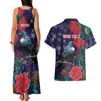 Tui Meri Kirihimete Personalised Couples Matching Tank Maxi Dress and Hawaiian Shirt Pohutukawa Flowers Blue Motif LT9 - Polynesian Pride