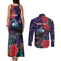 Tui Meri Kirihimete Personalised Couples Matching Tank Maxi Dress and Long Sleeve Button Shirt Pohutukawa Flowers Blue Motif LT9 - Polynesian Pride