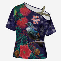 Tui Meri Kirihimete Personalised Cross Shoulder Shirt Pohutukawa Flowers Blue Motif LT9 Female Blue - Polynesian Pride