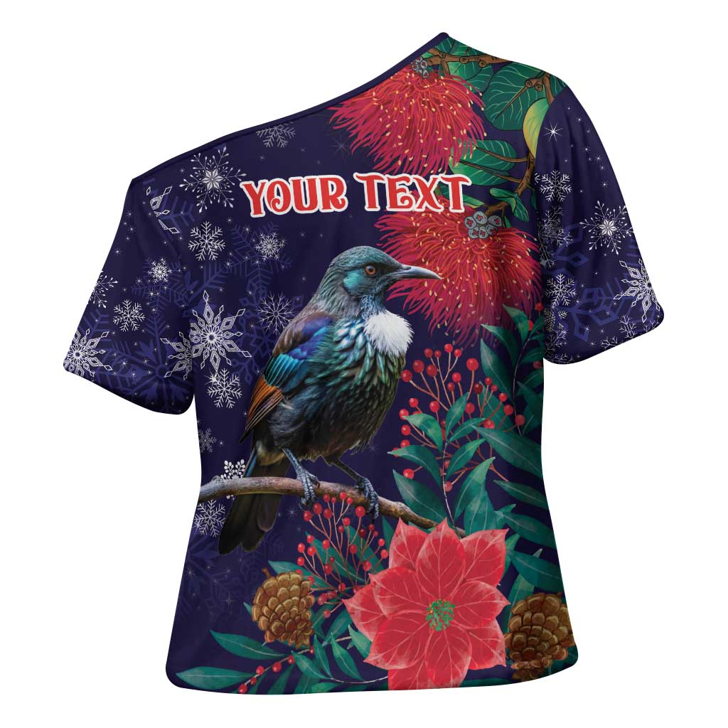 Tui Meri Kirihimete Personalised Cross Shoulder Shirt Pohutukawa Flowers Blue Motif LT9 - Polynesian Pride