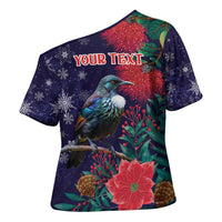 Tui Meri Kirihimete Personalised Cross Shoulder Shirt Pohutukawa Flowers Blue Motif LT9 - Polynesian Pride