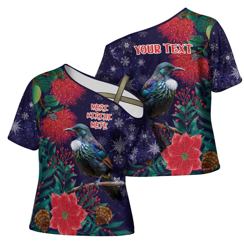 Tui Meri Kirihimete Personalised Cross Shoulder Shirt Pohutukawa Flowers Blue Motif LT9 - Polynesian Pride