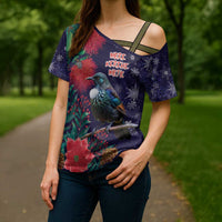 Tui Meri Kirihimete Personalised Cross Shoulder Shirt Pohutukawa Flowers Blue Motif LT9 - Polynesian Pride