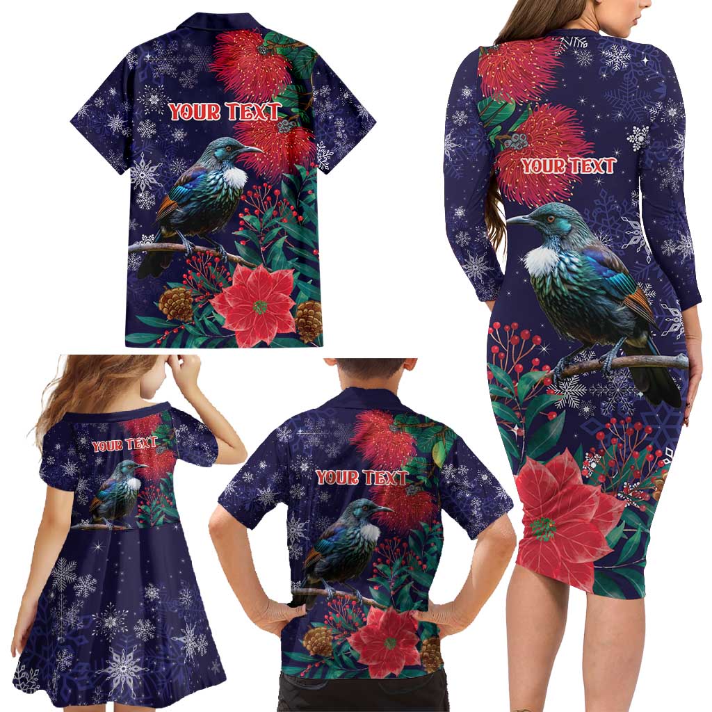 Tui Meri Kirihimete Personalised Family Matching Long Sleeve Bodycon Dress and Hawaiian Shirt Pohutukawa Flowers Blue Motif LT9 - Polynesian Pride