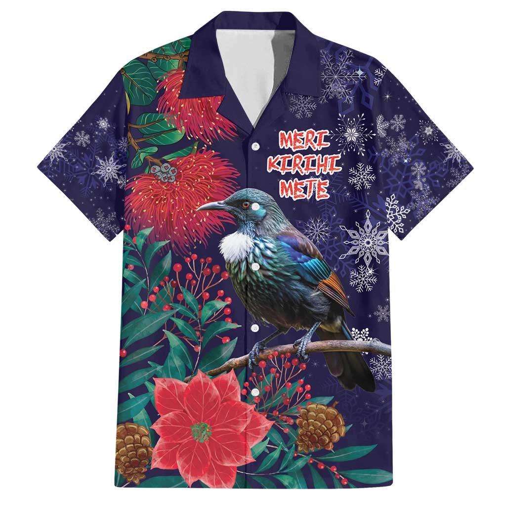 Tui Meri Kirihimete Personalised Family Matching Long Sleeve Bodycon Dress and Hawaiian Shirt Pohutukawa Flowers Blue Motif LT9 Dad's Shirt - Short Sleeve Blue - Polynesian Pride