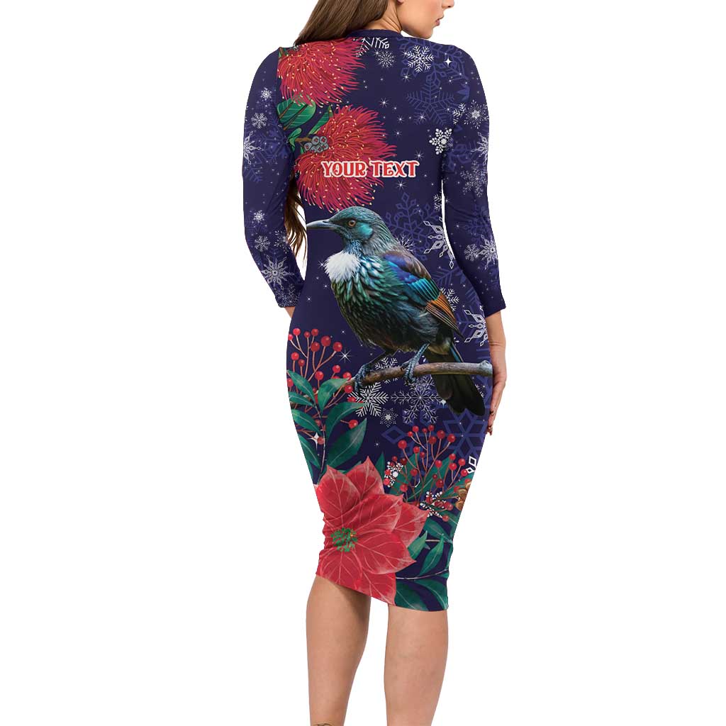 Tui Meri Kirihimete Personalised Family Matching Long Sleeve Bodycon Dress and Hawaiian Shirt Pohutukawa Flowers Blue Motif LT9 - Polynesian Pride