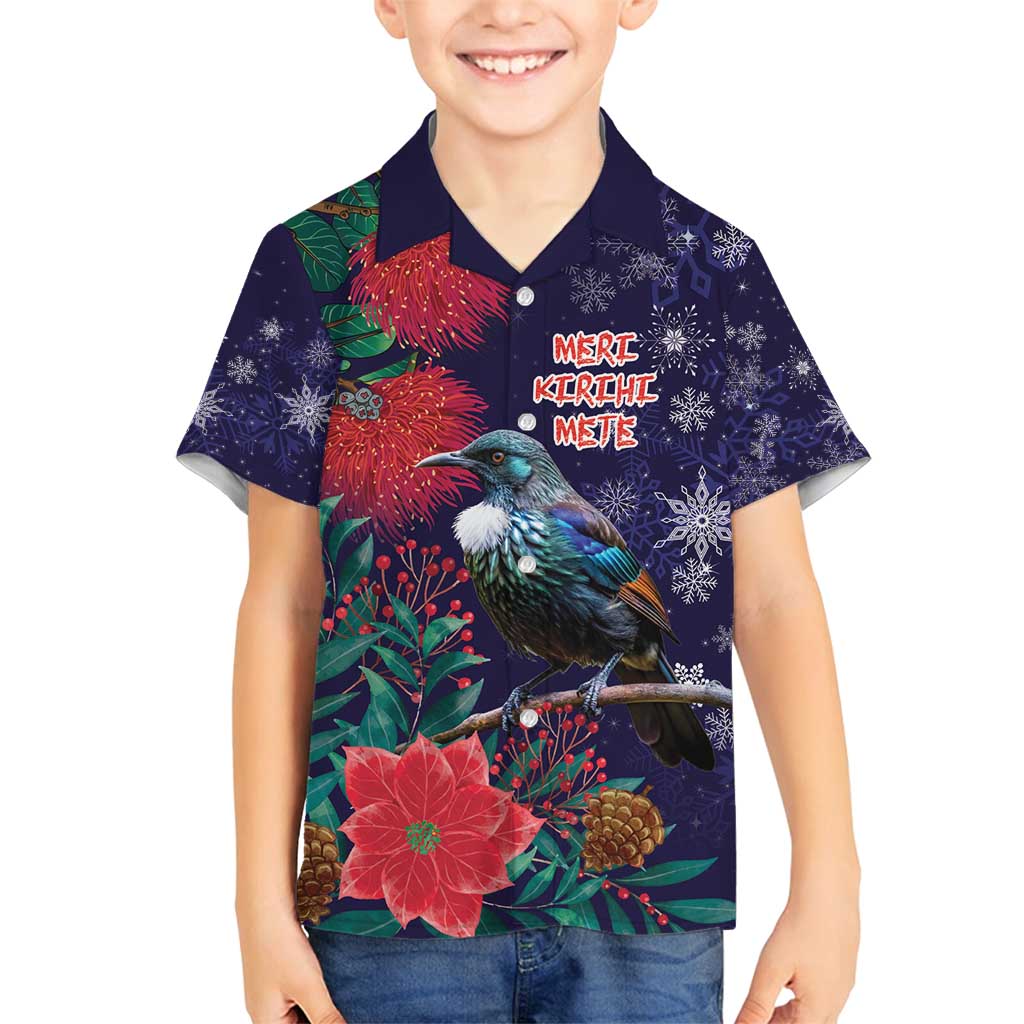 Tui Meri Kirihimete Personalised Family Matching Long Sleeve Bodycon Dress and Hawaiian Shirt Pohutukawa Flowers Blue Motif LT9 Son's Shirt Blue - Polynesian Pride